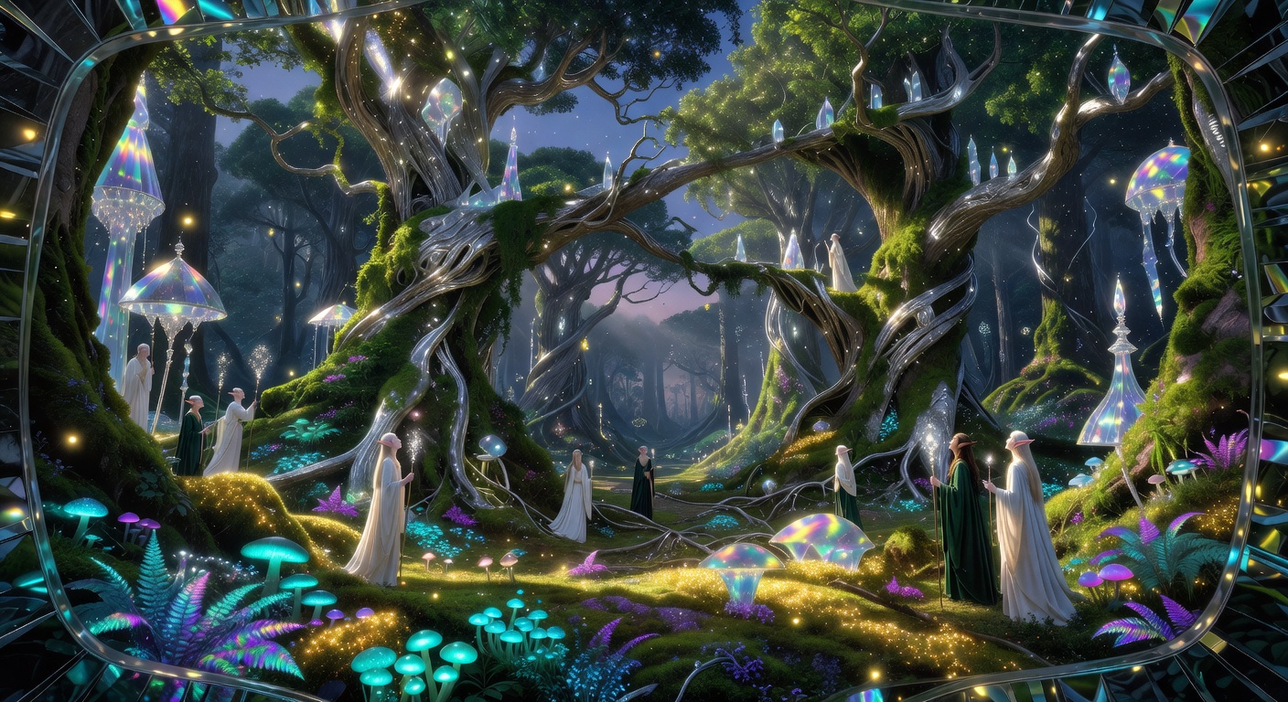 Glowing mystical elf forest with magical lighting
